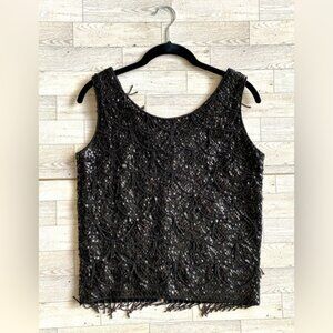 Vintage 60s Black Hand Beaded Fringed Sleeveless Tank‎ Top Small Zip Closure